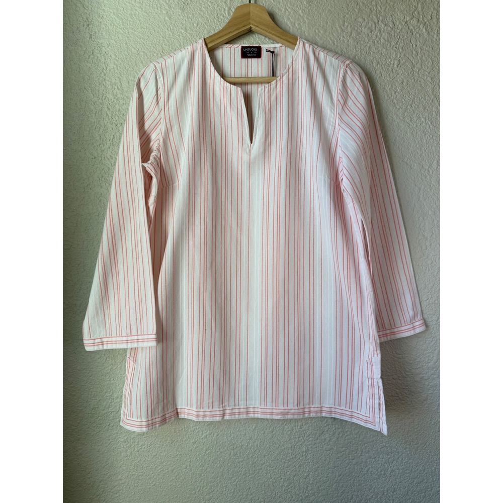 New UNTUCKit Durfort Tunic Women 6 White Pink Striped 100% Cotton 3/4 Sleeve